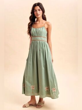 Urban Outfitters NWT Sleeveless Cotton Lined Green Sage Border Print Maxi Dress